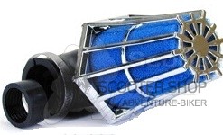 Vzduchový filtr chrom/modrý, průměr 28-35mm úhel 90 stupňů